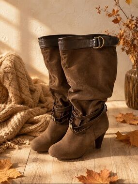 Women’s Brown Knee-High Heeled Boots with Strap Detail